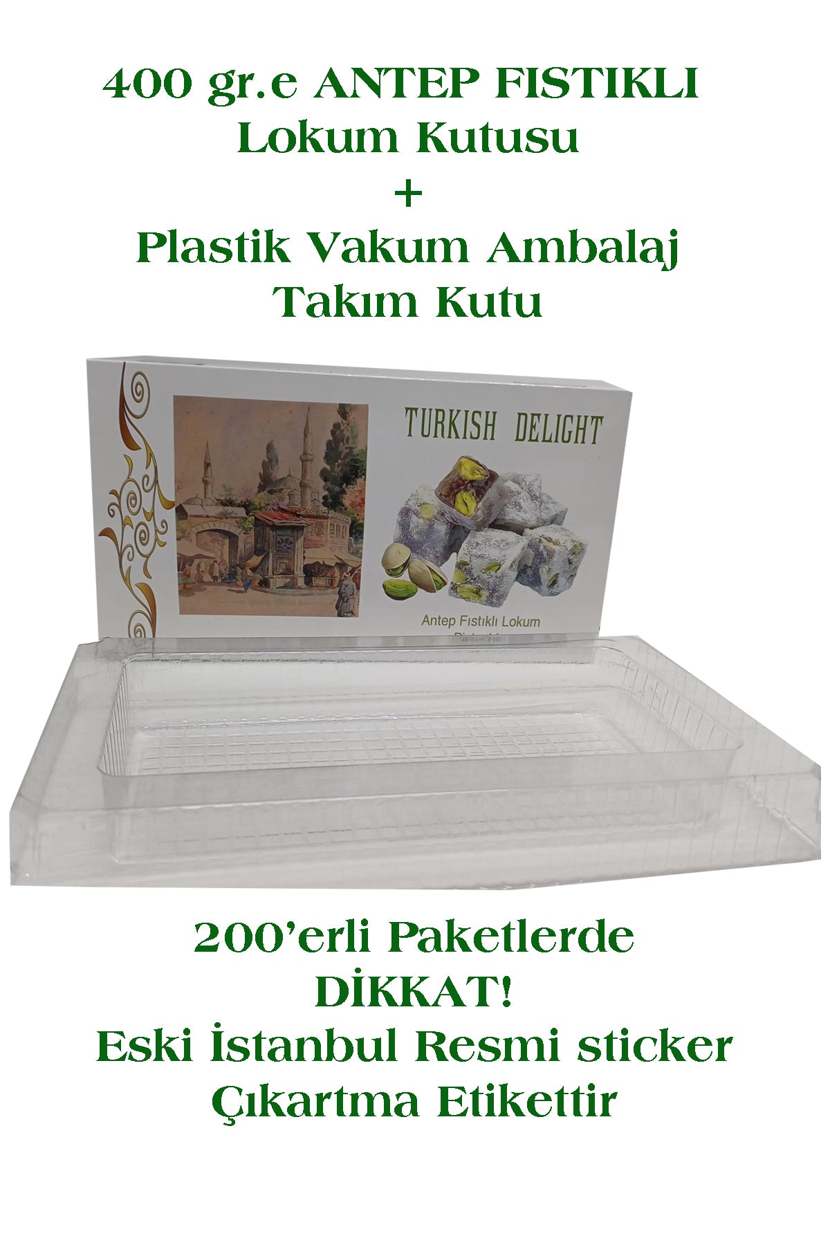 400 gr. ANTEP FISTIKLI LOKUM KUTUSU+ İÇ VAKUM PLASTİK AMBALAJ