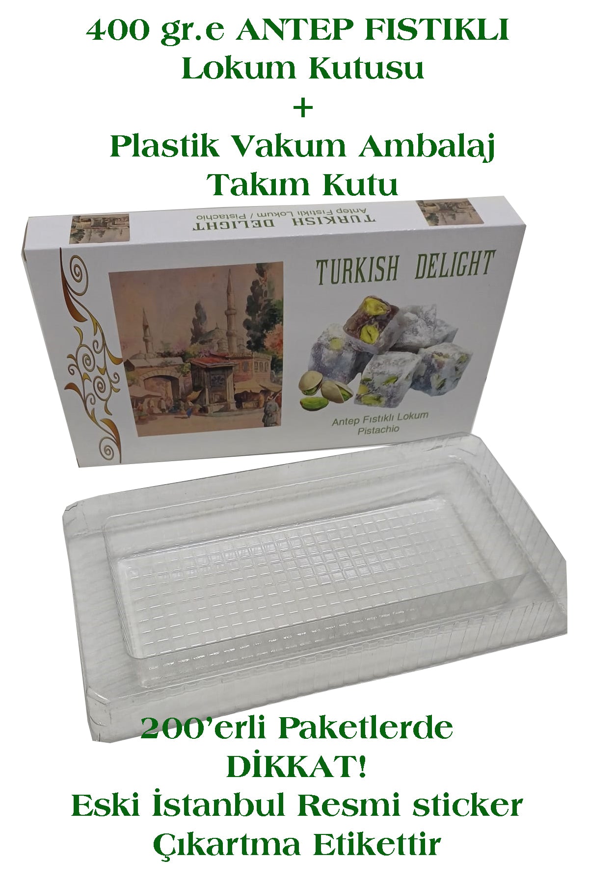 400 gr. ANTEP FISTIKLI LOKUM KUTUSU+ İÇ VAKUM PLASTİK AMBALAJ